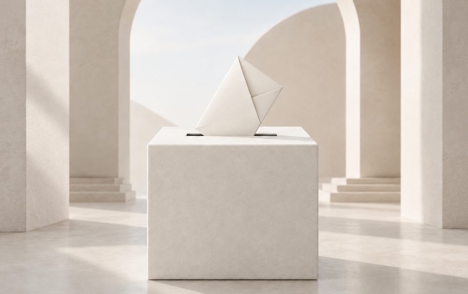 Una urna de voto blanca con un sobre crema en un espacio de arcos y luz suave